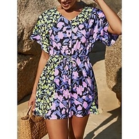 Combishort Femme Cordon Imprimer Floral Col V Casual du"idien Vacances Standard Manche Courte Bleu S Printemps miniinthebox