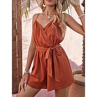 Combishort Femme Cordon Taille haute Couleur unie Col V Casual du"idien Vacances Standard Sans Manches Noir XS Printemps miniinthebox