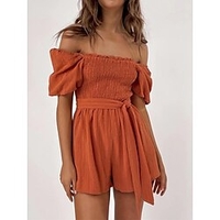 Combishort Femme Lacet Taille haute Couleur unie Epaules Dénudées Casual du"idien Vacances Standard Manche Courte Orange S Printemps miniinthebox