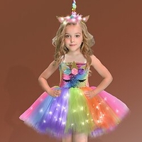 enfants petite fille robe 2-8 ans dessin animé patchwork licorne une ligne anniversaire performance froncé maille patchwork rose arc-en-ciel coton au-dessus du genou sans manches costume mignon coupe miniinthebox