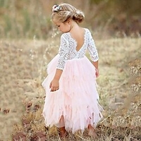 enfants petites filles fête rose princesse fleur dentelle festonnée tulle dos dos nu tutu bords supérieurs robe de fille à plusieurs niveaux miniinthebox