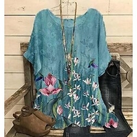 Femme Grande taille Hauts Chemisier Chemise Floral Feuille Imprimer Manches Courtes Col Rond basique Rétro Vintage du"idien Sortie Polyester L