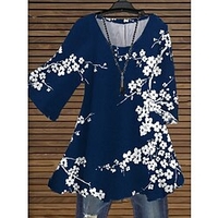 Femme Grande taille Hauts Chemisier Chemise Floral Imprimer Manches 3/4 Ras du cou Vêtement de rue du"idien Vacances Jersey de coton et spandex Printemps Eté Bleu Bleu Marine / Grande Taille miniinthebox