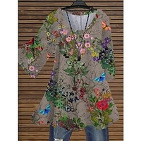 Femme Grande taille Hauts Chemisier Chemise Floral Imprimer Manches 3/4 Ras du cou Vêtement de rue du"idien Vacances Jersey de coton et spandex Printemps Eté Bleu Gris / Grande Taille miniinthebox