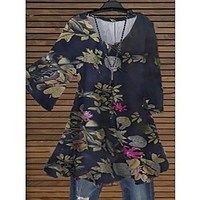 Femme Grande taille Hauts Chemisier Chemise Floral Imprimer Manches 3/4 Ras du cou Vêtement de rue du"idien Vacances Jersey de coton et spandex Printemps Eté Bleu Marine / Grande Taille miniinthebox
