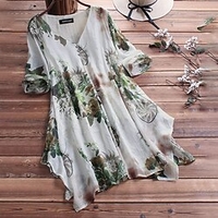 Femme Grande taille Hauts Chemisier Chemise Floral Patchwork Manches Longues Col en V Vêtement de rue Festival du"idien Des sports Coton et lin Printemps Eté Blanche Violet / Grande Taille miniinthebox