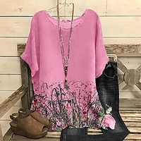 Femme Grande taille Hauts Chemisier Chemise Floral Paysage Imprimer Manches Courtes Col Rond basique Rétro Vintage du"idien Vacances Mélange de Coton L