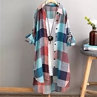 Femme Grande taille Hauts Chemisier Chemise Plaid Bouton Imprimer Manches Longues Col de Chemise Rétro Vintage Vêtement de rue Preppy du"idien Fin de semaine Coton L