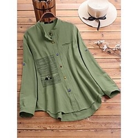 Femme Grande taille Hauts Chemisier Chemise Rayé Chat Bouton Imprimer Manches Courtes Col Mao basique Vêtement de rue du"idien Sortie Lin Printemps Eté Vert Bleu / Grande Taille miniinthebox