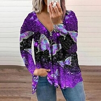 Femme Grande taille Hauts Papillon Animal Imprimer Manches Longues Col V Casual Casual du"idien Coton L