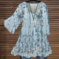 Femme Grande taille Hauts Tunique Chemisier Floral Imprimer Manches 3/4 Col en V Décontractée Vêtement de rue du"idien Fin de semaine Acrylique L