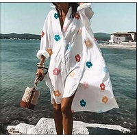 Femme Robe Chemise Robe Longueur Genou Bleu Rose Claire Manches Longues Floral Couleur unie L