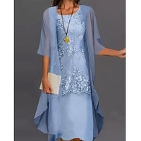 Femme Robe Deux Pièces Robe mi-longue Bleu Ciel Vert Gris Demi Manches Floral Brodée Multirang Patchwork L