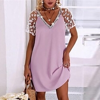 Femme Robe Droite Robe courte courte Blanche Rose Claire Manches Courtes Couleur monochrome Paillettes Dentelle Printemps Eté Col en V à la mode Décontractée Moderne 2022 S M L XL XXL 3XL miniinthebox