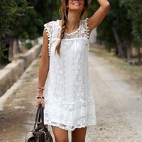 Femme Robe Droite Robe courte courte Blanche Sans Manches Couleur unie Dentelle Printemps Eté Col Rond chaud Décontractée 2022 S M L XL XXL miniinthebox