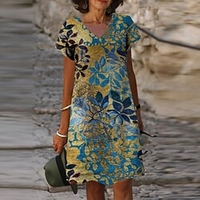 Femme Robe Droite Robe Longueur Genou Bleu Manches Courtes Floral Imprimer Printemps Eté Col en V à la mode Décontractée 2022 S M L XL XXL 3XL miniinthebox