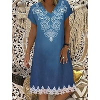Femme Robe Droite Robe Longueur Genou Bleu Manches Courtes Géométrique Dentelle Imprimer Printemps Eté Col en V Décontractée 2022 M L XL XXL 3XL miniinthebox