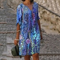 Femme Robe Droite Robe Longueur Genou Manches 3/4 Floral Imprimer Imprimer Printemps Eté Col en V Décontractée Rétro Vintage Ample 2022 S M L XL XXL XXXL 4XL miniinthebox