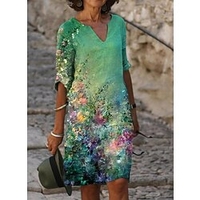 Femme Robe Droite Robe Longueur Genou Vert Bleu Blanche Noir Vert Claire Beige Demi Manches Floral Imprimer Imprimer Printemps Eté Col en V Elégant Décontractée Rétro Vintage Ample 2022 S M L XL XXL miniinthebox