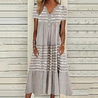 Femme Robe Droite Robe mi-longue Gris Clair Manches Courtes Rayé Bouton Imprimer Printemps Eté Col en V à la mode Décontractée Moderne 2022 S M L XL XXL miniinthebox