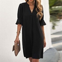 Femme Robe Trapèze Robe courte courte Noir Manches Courtes Couleur monochrome Mousseline de Soie Printemps Eté Col en V à la mode Travail Décontractée 2022 S M L XL XXL miniinthebox