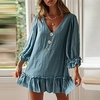 Femme Robe Trapèze Robe courte courte Noir Vert Véronèse Beige Bleu clair Manches Longues Couleur monochrome A Volants Bouton Printemps Eté Col en V à la mode Décontractée Moderne 2022 S M L XL miniinthebox