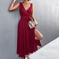 Femme Robe Trapèze Robe longue maxi Noir Vert Véronèse Rouge Sans Manches Couleur monochrome Ruché Lacet Printemps Eté Col en V Elégant Moderne 2022 S M L XL miniinthebox