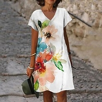 Femme Robe Trapèze Robe Longueur Genou Blanche Manches Courtes Floral Imprimer Eté Col en V Décontractée 2022 S M L XL XXL 3XL miniinthebox