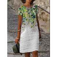 Femme Robe Trapèze Robe Longueur Genou Blanche Manches Courtes Floral Imprimer Printemps Eté Col Ras du Cou Personnalisé lin S M L XL XXL 3XL / 3D effet miniinthebox