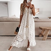 Femme Robe Évasée Robe longue maxi Blanche Beige Sans Manches Imprime Brodée Dentelle Printemps Eté Col V Casual Bohème 2022 S M L XL XXL miniinthebox