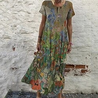 Femme Robe Évasée Robe longue maxi Vert Bleu Vin Manches Courtes Floral Imprimer Printemps Eté Col Rond Décontractée Rétro Vintage 2022 S M L XL XXL 3XL miniinthebox