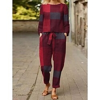 Femme Survêtement Ensembles de pantalons Vêtement de rue Bleu Kaki Casual"idien Plaid Cordon Col Ras du Cou S M L XL XXL miniinthebox