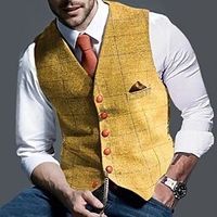Gilet de costume Homme Gilet Soirée Travail Festival Entreprise Grande occasion Décontractée Tartan Droit 1 bouton Mince Mélange de Coton Pour des hommes Costume Gris Jaune Col en V / Sans Manches miniinthebox