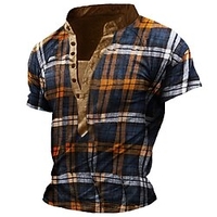 Henley Shirt T shirt Tee Homme 3D effet Graphic Treillis Ecossais Mao Bouton bas Imprimer Manches Courtes Plein Air Décontractée du"idien Standard Polyester basique Mode Classique miniinthebox