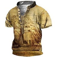 Henley Shirt Tee T shirt Tee Homme 3D effet Graphic Grande Taille Sailboat Mao Bouton bas Imprimer Manches Courtes du"idien Des sports Extérieur Standard Polyester basique Décontractée Designer miniinthebox
