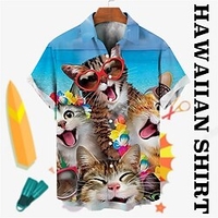 Homme Chemise Chemise hawa enne Animal Chat Imprimés Photos Col rabattu Bleu Gris Plein Air Casual Manches courtes Bouton bas Imprimer Vêtement Tenue Tropique Mode Hawa en Design miniinthebox