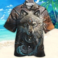 Homme Chemise Chemise hawa enne Animal Loup Imprimés Photos Col rabattu Gris Casual Vacances Manche Courte Bouton bas Imprimer Vêtement Tenue Tropique Mode Hawa en Flexible miniinthebox