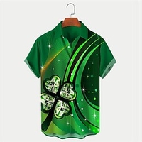 Homme Chemise Chemise hawa enne Chat Imprimés Photos Clover Col rabattu Vert foncé Vert Extérieur Plein Air Manches courtes Bouton bas Imprimer Vêtement Tenue Tropique Mode Hawa en Design miniinthebox