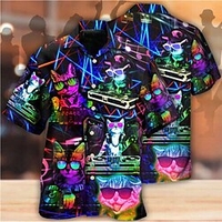 Homme Chemise Chemise hawa enne Chat Imprimés Photos Col rabattu Bleu Casual Vacances Manche Courte Bouton bas Imprimer Vêtement Tenue Tropique Vêtement de rue Exagéré Frais miniinthebox