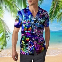 Homme Chemise Chemise hawa enne Chat Imprimés Photos Col rabattu Violet Casual Vacances Manche Courte Bouton bas Imprimer Vêtement Tenue Mode Exagéré Frais Hawa en miniinthebox