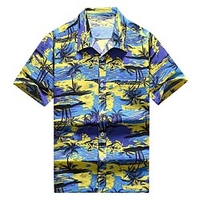 Homme Chemise Chemise hawa enne Cocotier Imprimés Photos Col rabattu Jaune Bleu Plein Air Casual Manches courtes Bouton bas Imprimer Vêtement Tenue Tropique Mode Hawa en Design miniinthebox