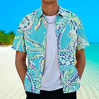 Homme Chemise Chemise hawa enne Cocotier Imprimés Photos Récif Col rabattu Bleu Vert Plein Air Casual Manches courtes Bouton bas Imprimer Vêtement Tenue Tropique Mode Hawa en Design miniinthebox