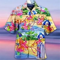 Homme Chemise Chemise hawa enne Flamant Imprimés Photos Feuilles Col rabattu Bleu Vert Casual Vacances Manche Courte Bouton bas Imprimer Vêtement Tenue Tropique Mode Hawa en Flexible miniinthebox