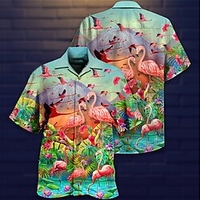 Homme Chemise Chemise hawa enne Flamant Imprimés Photos La Saint-Valentin Feuilles Col rabattu Bleu Casual Vacances Manche Courte Bouton bas Imprimer Vêtement Tenue Tropique Mode Hawa en Flexible miniinthebox