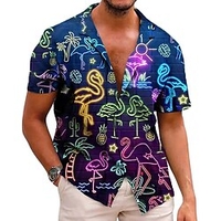Homme Chemise Chemise hawa enne Flamant Imprimés Photos Lumière Col rabattu Bleu Plein Air Casual Manches courtes Bouton bas Imprimer Vêtement Tenue Tropique Mode Hawa en Design miniinthebox