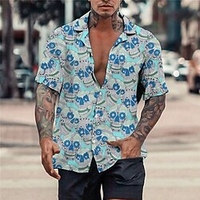 Homme Chemise Chemise hawa enne Floral Crânes Imprimés Photos Col rabattu Bleu Bleu clair Casual Vacances Manche Courte Bouton bas Imprimer Vêtement Tenue Tropique Mode Hawa en Flexible miniinthebox