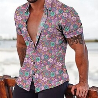 Homme Chemise Chemise hawa enne Floral Imprimés Photos Col rabattu Violet Vert Plein Air Casual Manches courtes Bouton bas Imprimer Vêtement Tenue Tropique Mode Bohème Hawa en miniinthebox