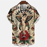 Homme Chemise Chemise hawa enne Floral Sirène Imprimés Photos Pirate Col rabattu Abricot Plein Air Casual Manches courtes Bouton bas Imprimer Vêtement Tenue Tropique Mode Hawa en Design miniinthebox