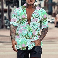 Homme Chemise Chemise hawa enne Imprimés Photos Feuilles Col rabattu Bleu Orange Casual Vacances Manche Courte Bouton bas Imprimer Vêtement Tenue Tropique Mode Hawa en Flexible miniinthebox