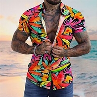 Homme Chemise Chemise hawa enne Imprimés Photos Feuilles Col rabattu Rouge Vert Plein Air Casual Manches courtes Bouton bas Imprimer Vêtement Tenue Tropique Mode Hawa en Design miniinthebox